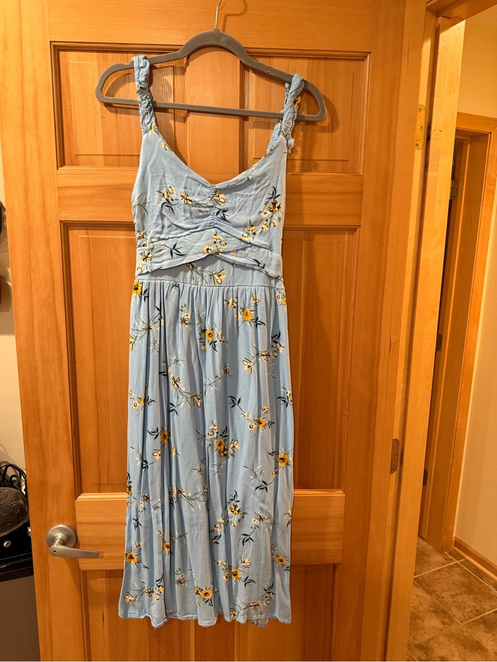 Maurices Light Blue Floral Midi Dress with Twisted Bodice